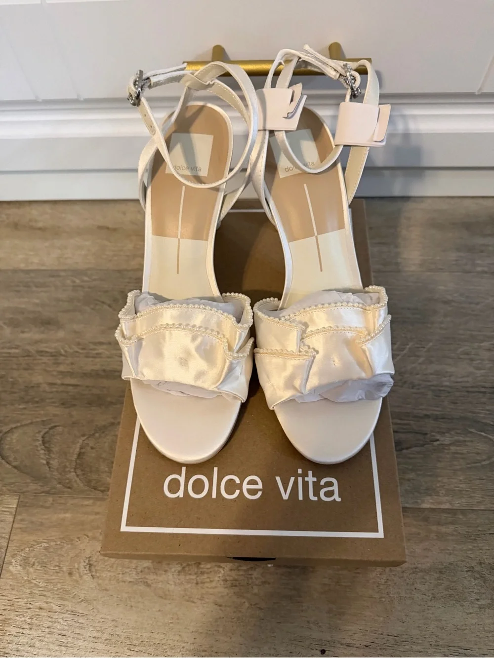Dolce Vita Pearl-Trim Ivory Satin Ruffle Sandal (8.5)
